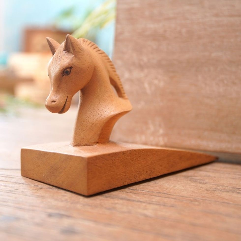 Hand Carved Suar Wood Horse Door Stopper in Brown from Bali 'Handy Horse in Brown'