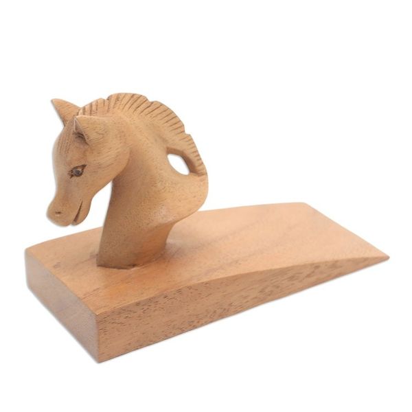 Alternate image for Hand Carved Suar Wood Horse Door Stopper in Brown from Bali Handy Horse in Brown