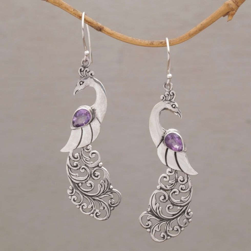 Amethyst and Sterling Silver Peafowl Dangle Earrings 'Merak'