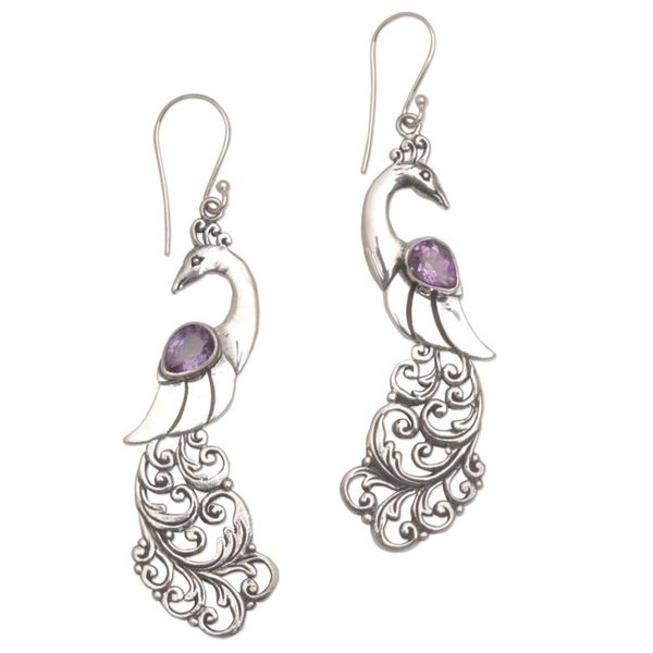 Alternate image for Amethyst and Sterling Silver Peafowl Dangle Earrings Merak