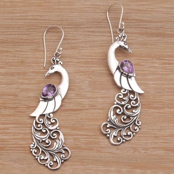 Alternate image for Amethyst and Sterling Silver Peafowl Dangle Earrings Merak