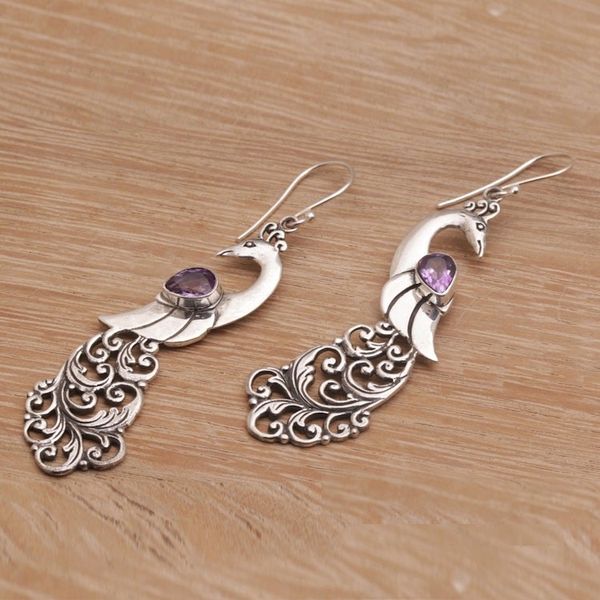 Alternate image for Amethyst and Sterling Silver Peafowl Dangle Earrings Merak
