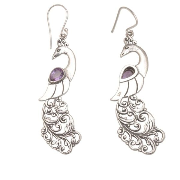 Alternate image for Amethyst and Sterling Silver Peafowl Dangle Earrings Merak