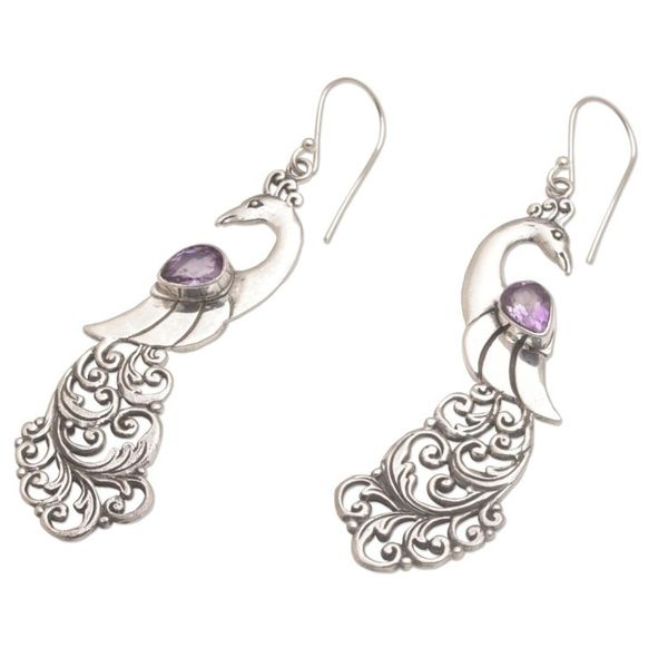 Alternate image for Amethyst and Sterling Silver Peafowl Dangle Earrings Merak