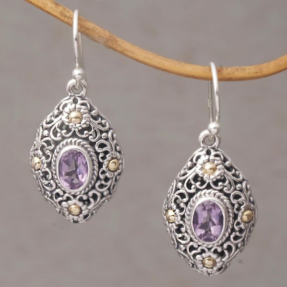 Gold Accent Amethyst Floral Dangle Earrings from Bali 'Floral Dew'