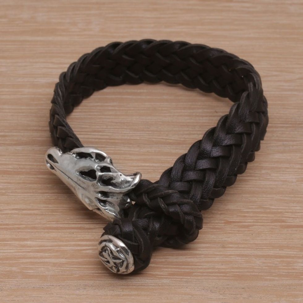 Black Leather and Sterling Silver Wristband Bracelet 'Dark Alligator'