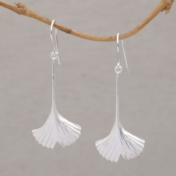 Alternate image for Leaf Motif Sterling Silver Dangle Earrings Handmade in Bali Tender Leaf