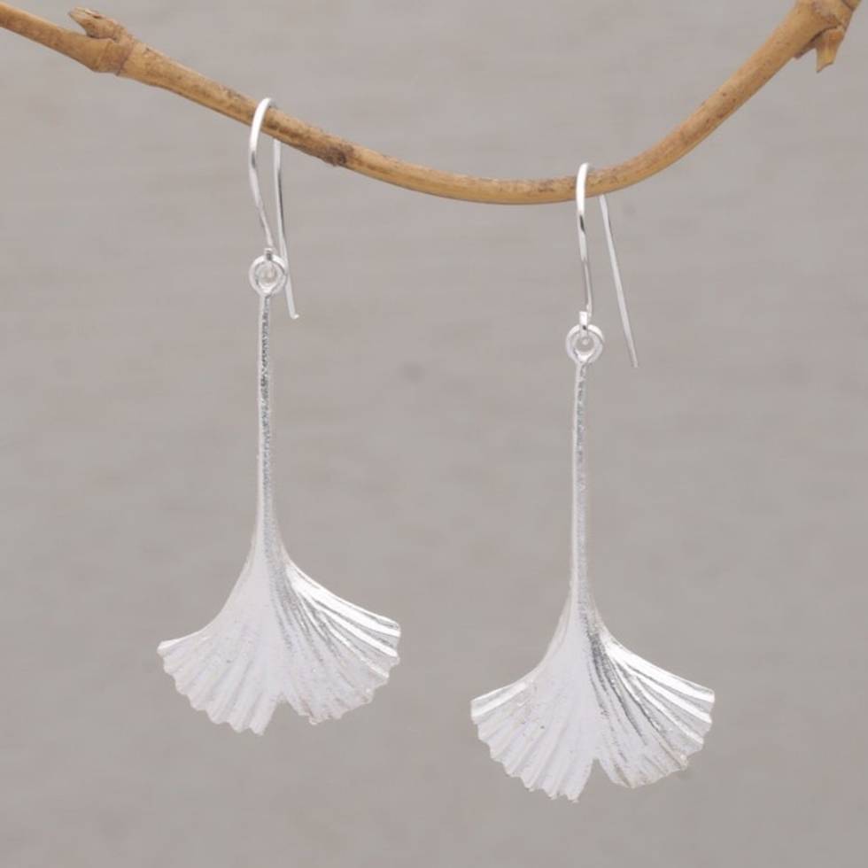 Leaf Motif Sterling Silver Dangle Earrings Handmade in Bali 'Tender Leaf'