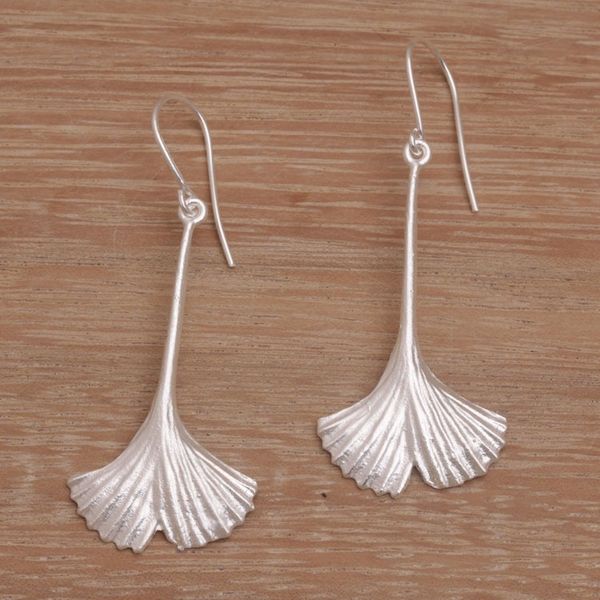 Alternate image for Leaf Motif Sterling Silver Dangle Earrings Handmade in Bali Tender Leaf