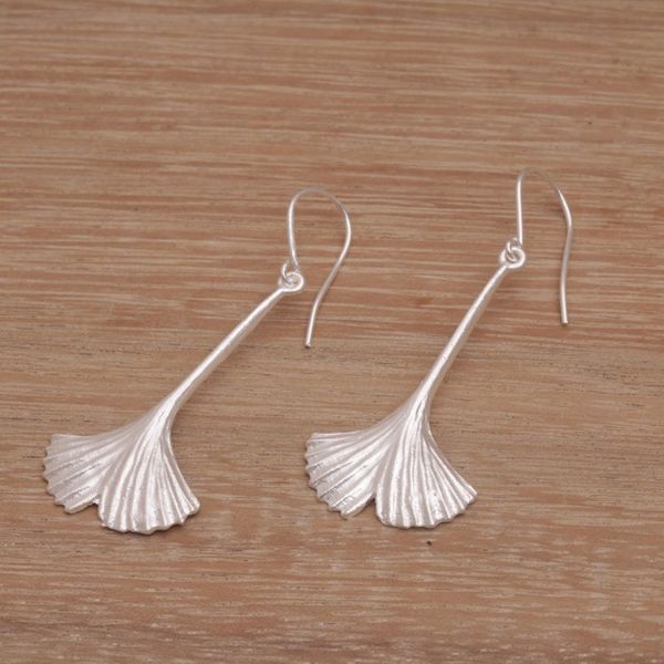 Alternate image for Leaf Motif Sterling Silver Dangle Earrings Handmade in Bali Tender Leaf