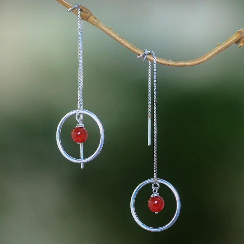 Carnelian and Sterling Silver Threader Earrings form Bali 'Soulful Rings'