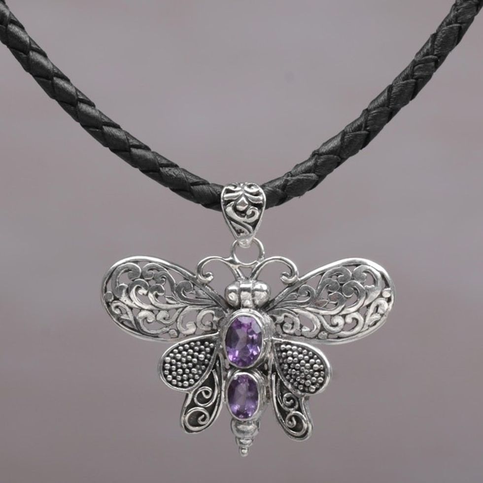 Leather Butterfly Necklace with Sterling Silver and Amethyst 'Purple Bali Moth'