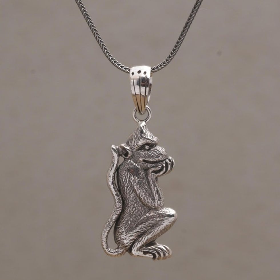 925 Sterling Silver Handmade Monkey Pendant Necklace 'Wondering Lutung'