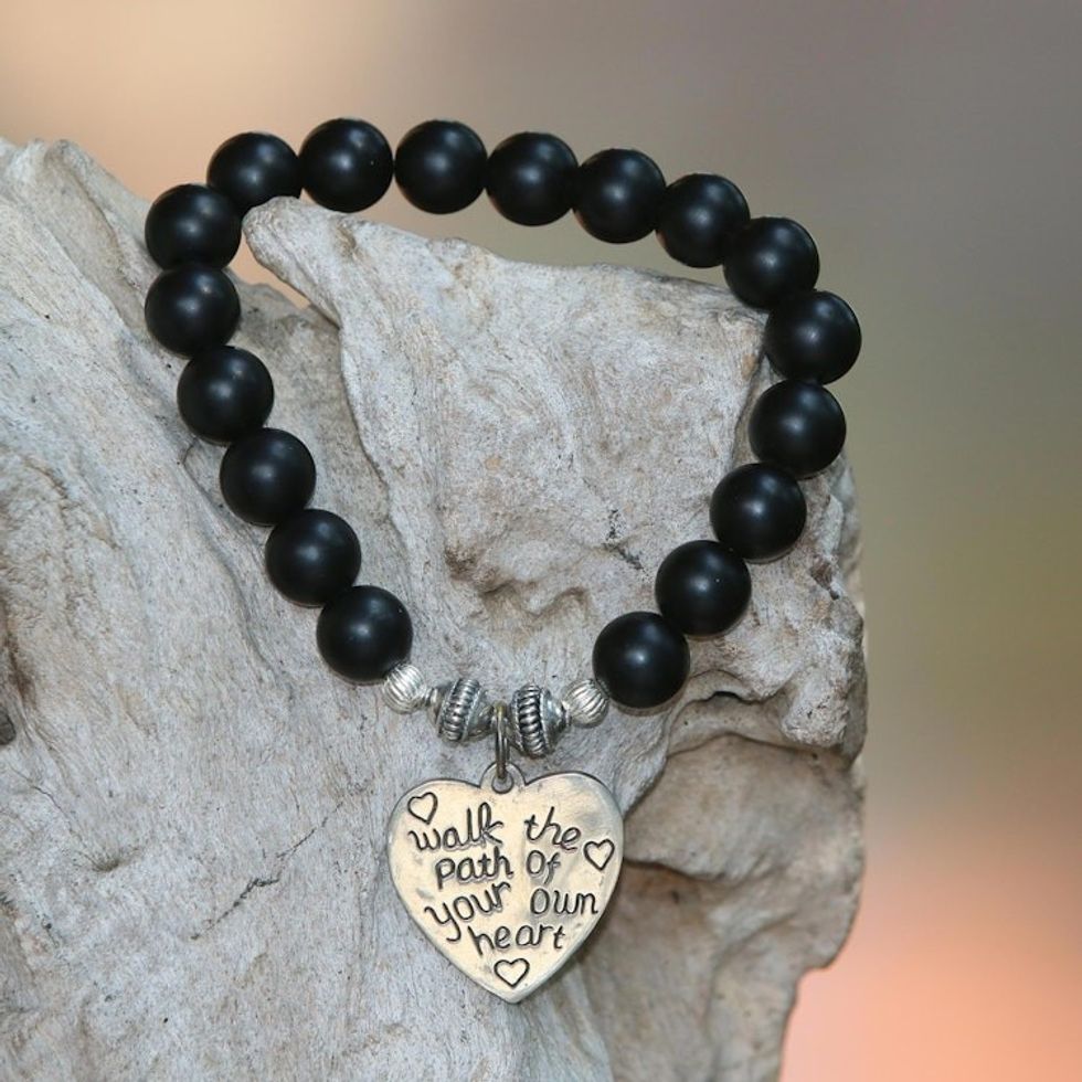 Black Onyx and Heart Charm Beaded Bracelet from Bali 'Path of Love in Matte'