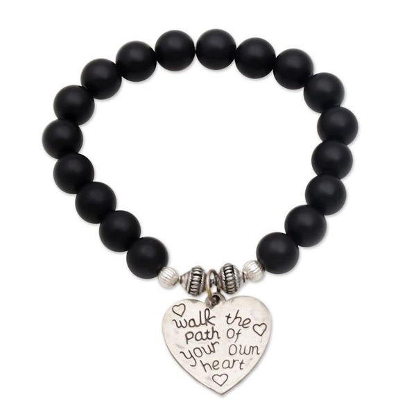 Alternate image for Black Onyx and Heart Charm Beaded Bracelet from Bali Path of Love in Matte