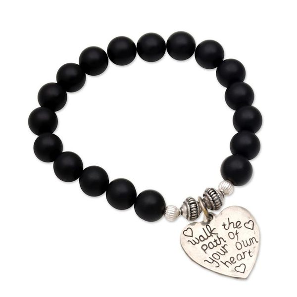 Alternate image for Black Onyx and Heart Charm Beaded Bracelet from Bali Path of Love in Matte