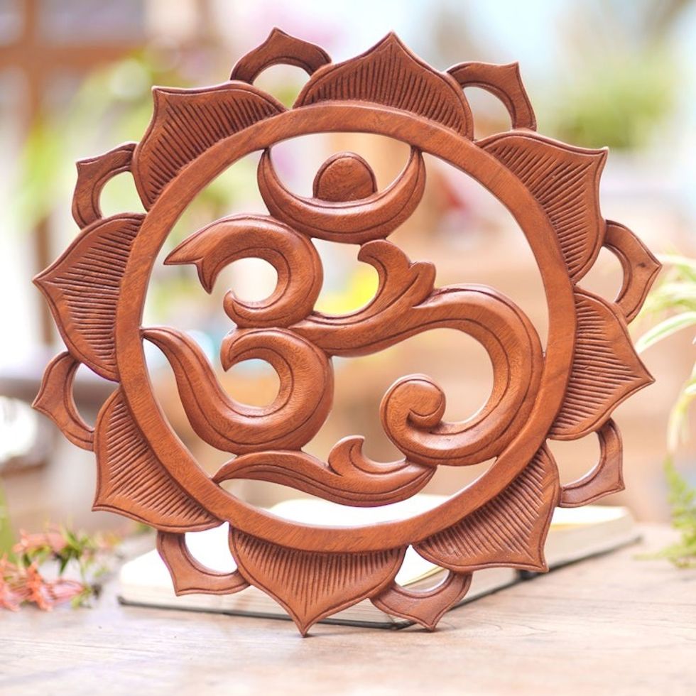 Hand Carved Wood Floral Lotus Om Relief Panel from Bali 'Om Petals'