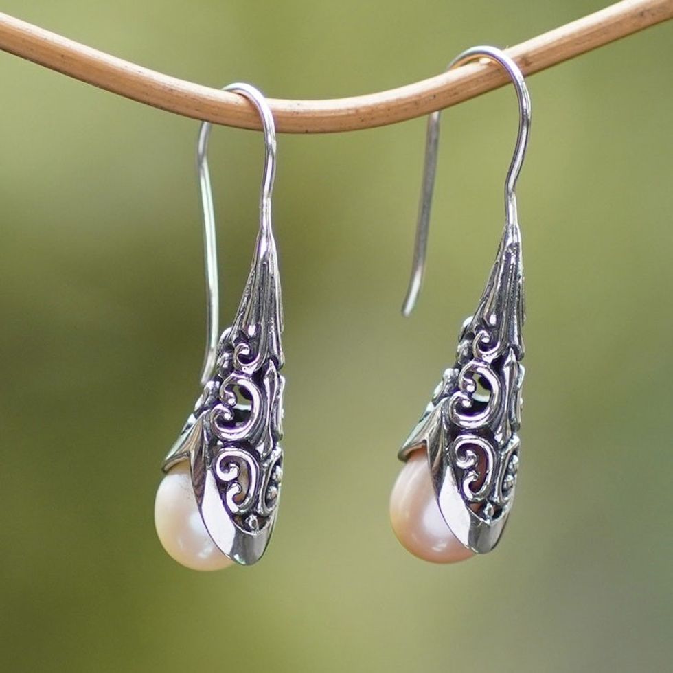 Cultured Pearl and Sterling Silver Drop Earrings from Bali 'Emerging Beauty in Peach'