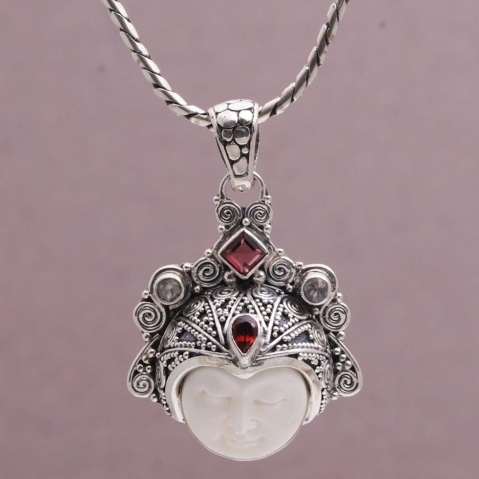 Garnet and Sterling Silver Face Pendant Necklace from Bali 'Diamond Warrior'