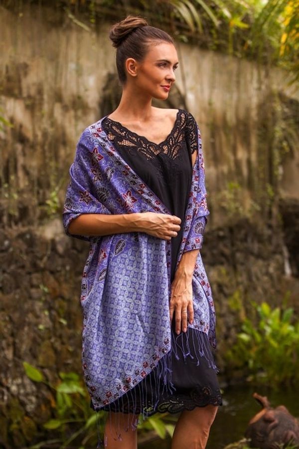 Alternate image for Hand Dyed Kawung Batik Silk Shawl With Floral Pattern Kawung Plains in Iris