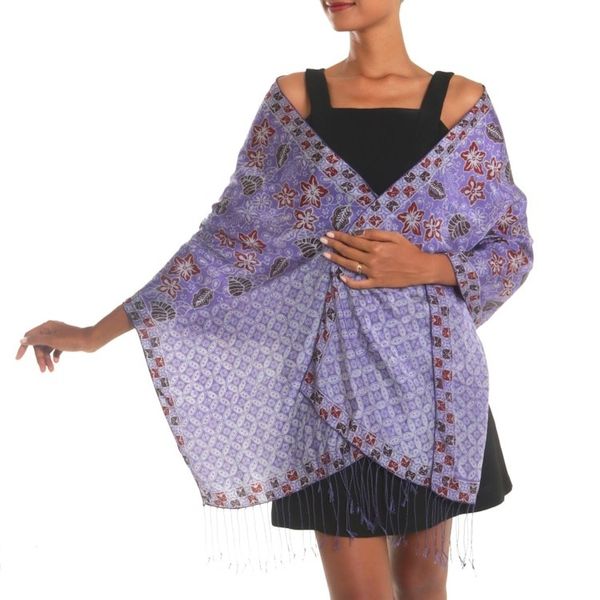 Alternate image for Hand Dyed Kawung Batik Silk Shawl With Floral Pattern Kawung Plains in Iris