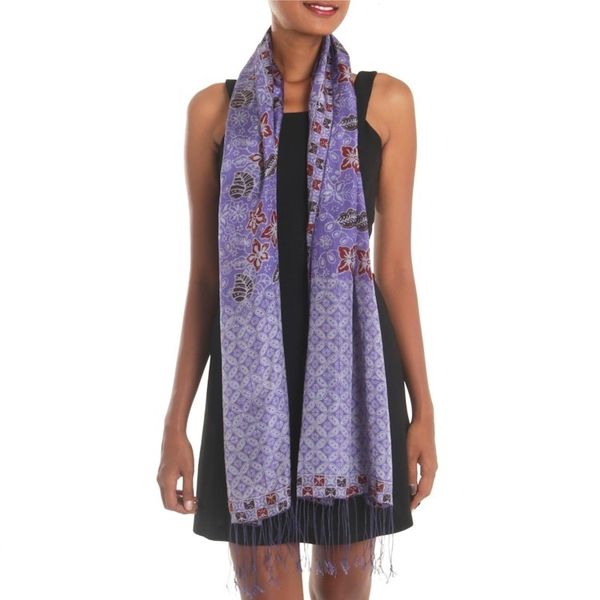 Alternate image for Hand Dyed Kawung Batik Silk Shawl With Floral Pattern Kawung Plains in Iris