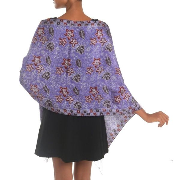 Alternate image for Hand Dyed Kawung Batik Silk Shawl With Floral Pattern Kawung Plains in Iris