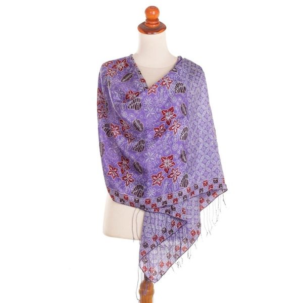 Alternate image for Hand Dyed Kawung Batik Silk Shawl With Floral Pattern Kawung Plains in Iris