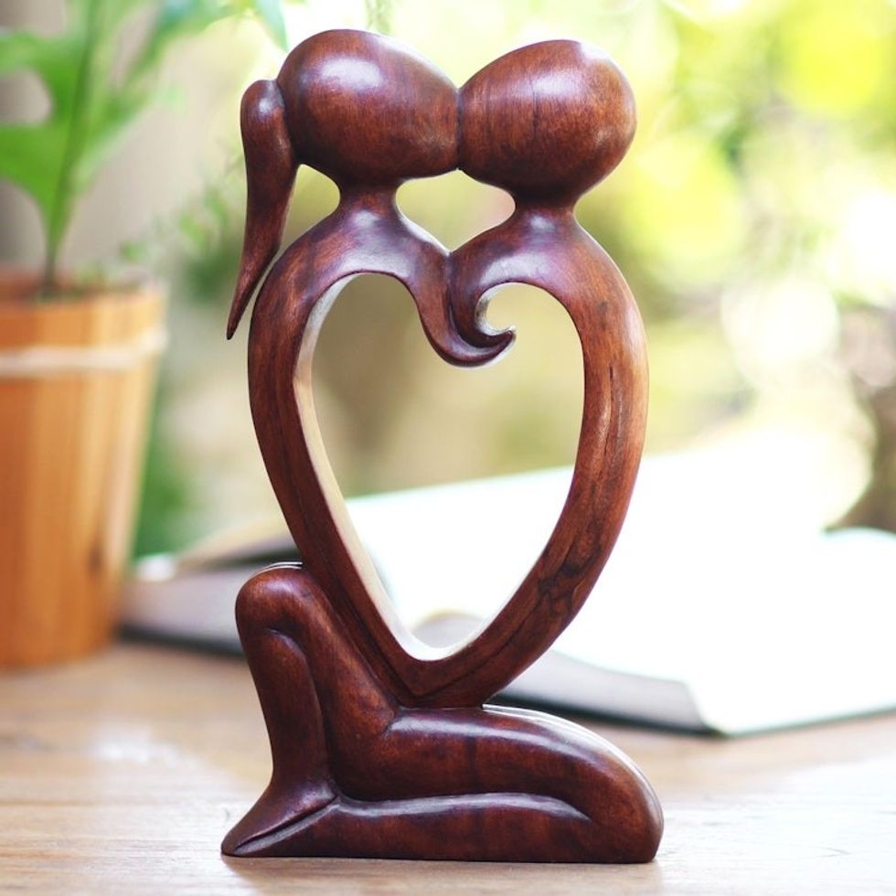 Hand Carved Romantic Suar Wood Statuette from Bali 'Eternal Bond'