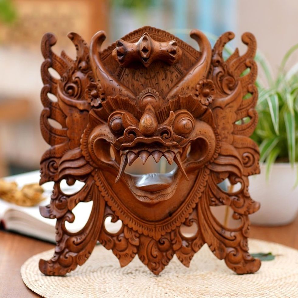 Hand-Carved Acacia Wood Wall Mask of Barong from Bali 'Watchful Barong'