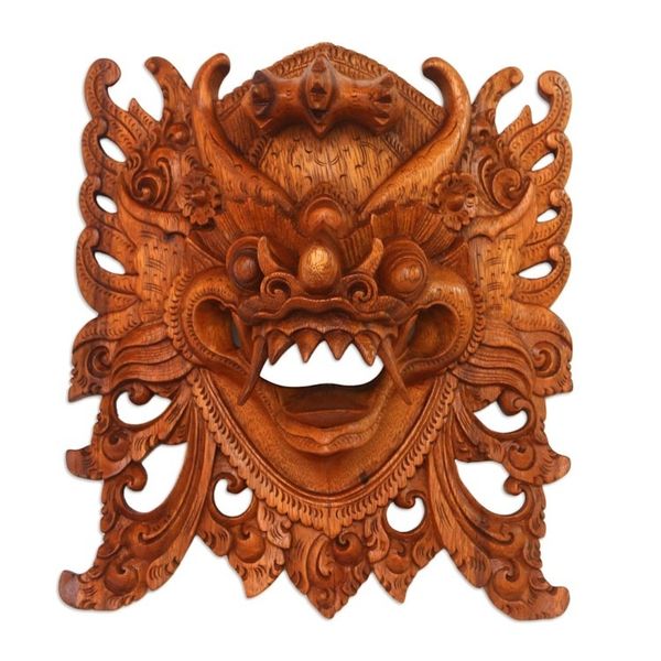 Alternate image for Hand-Carved Acacia Wood Wall Mask of Barong from Bali Watchful Barong