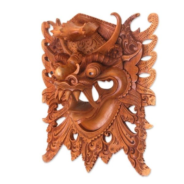 Alternate image for Hand-Carved Acacia Wood Wall Mask of Barong from Bali Watchful Barong