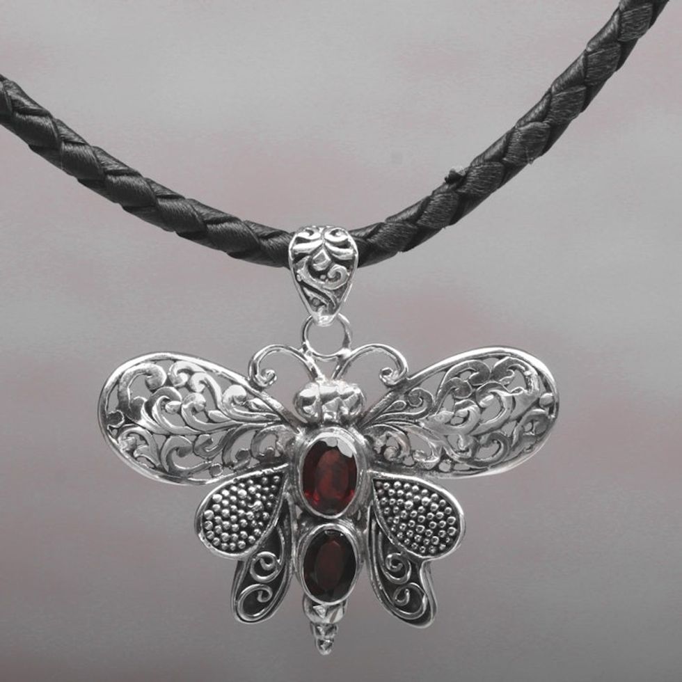 Garnet and Leather Moth Pendant Necklace from Indonesia 'Bali Moth in Red'