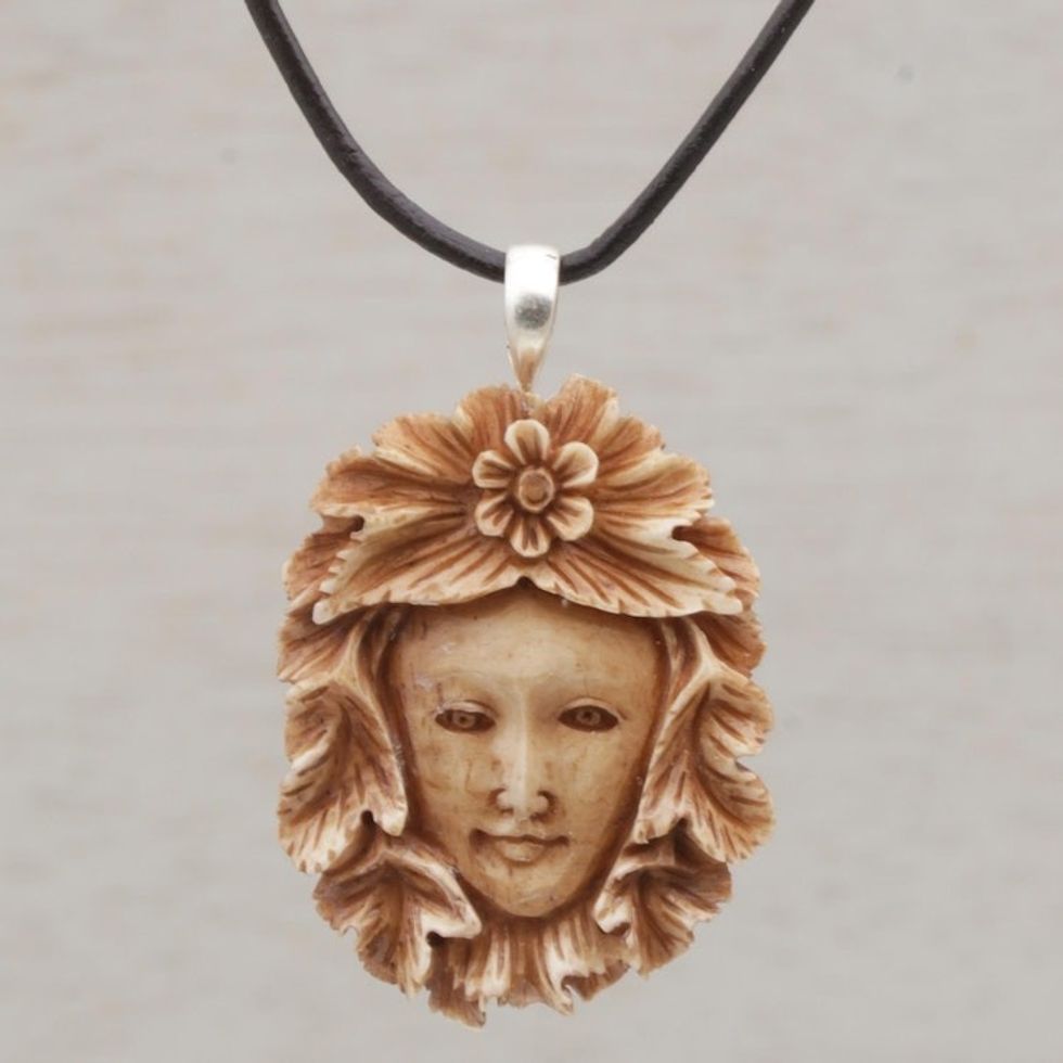 Handcrafted Floral Bone Pendant Necklace from Bali 'Spying Jaka Tarub'