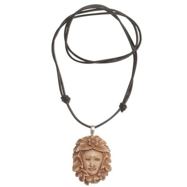 Alternate image for Handcrafted Floral Bone Pendant Necklace from Bali Spying Jaka Tarub