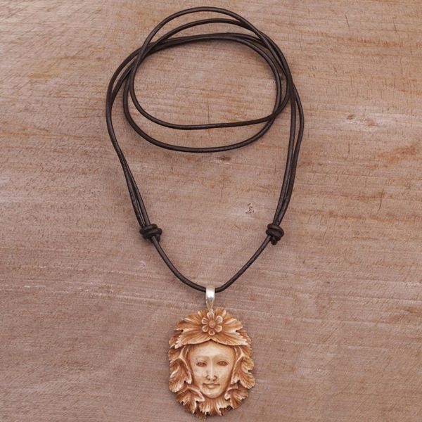 Alternate image for Handcrafted Floral Bone Pendant Necklace from Bali Spying Jaka Tarub
