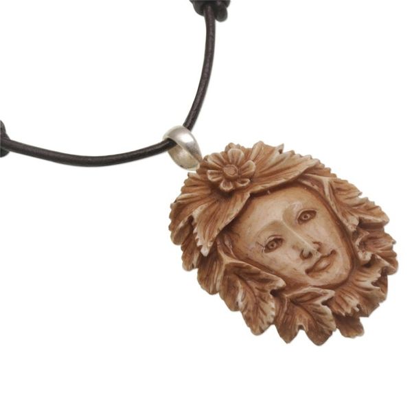 Alternate image for Handcrafted Floral Bone Pendant Necklace from Bali Spying Jaka Tarub