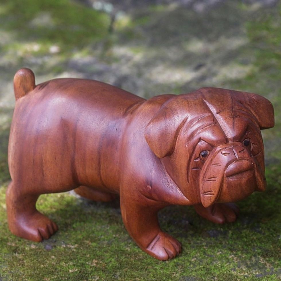 Hand Carved Suar Wood Bulldog Puppy Sculpture from Bali 'Fierce Bulldog'