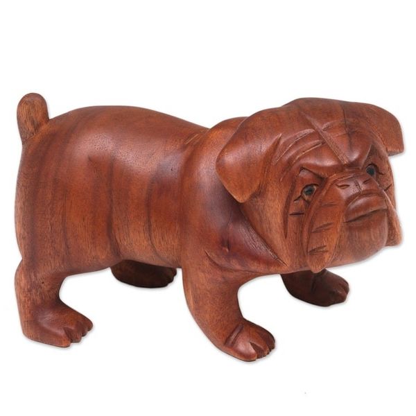 Alternate image for Hand Carved Suar Wood Bulldog Puppy Sculpture from Bali Fierce Bulldog
