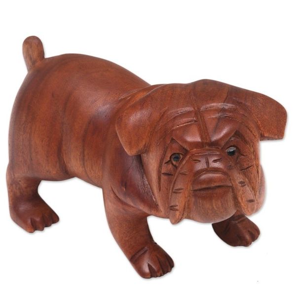 Alternate image for Hand Carved Suar Wood Bulldog Puppy Sculpture from Bali Fierce Bulldog