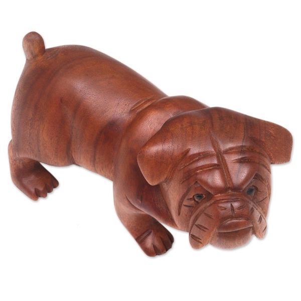 Alternate image for Hand Carved Suar Wood Bulldog Puppy Sculpture from Bali Fierce Bulldog