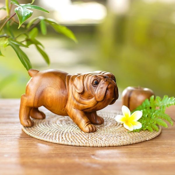 Alternate image for Hand Carved Suar Wood Bulldog Puppy Sculpture from Bali Fierce Bulldog