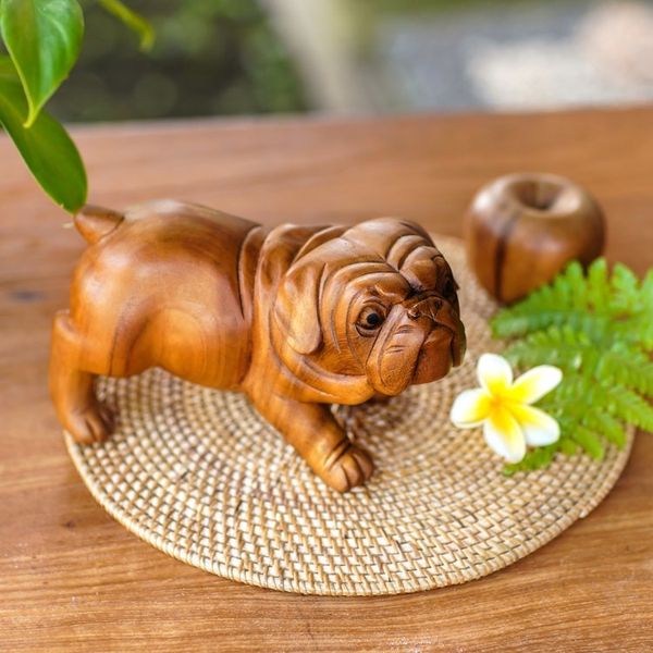 Alternate image for Hand Carved Suar Wood Bulldog Puppy Sculpture from Bali Fierce Bulldog