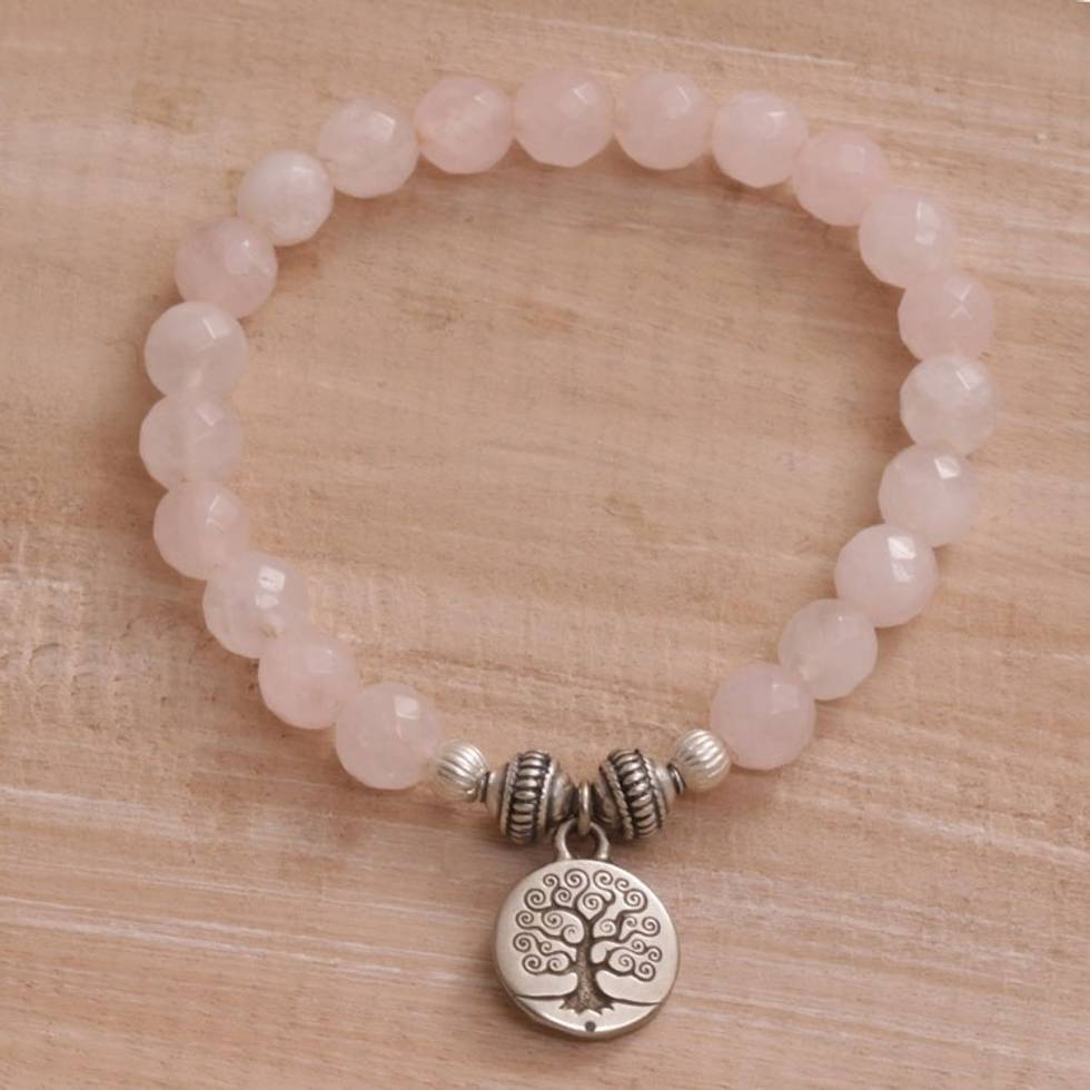 Tree-Themed Rose Quartz Beaded Stretch Bracelet from Bali 'Sunrise Tree'