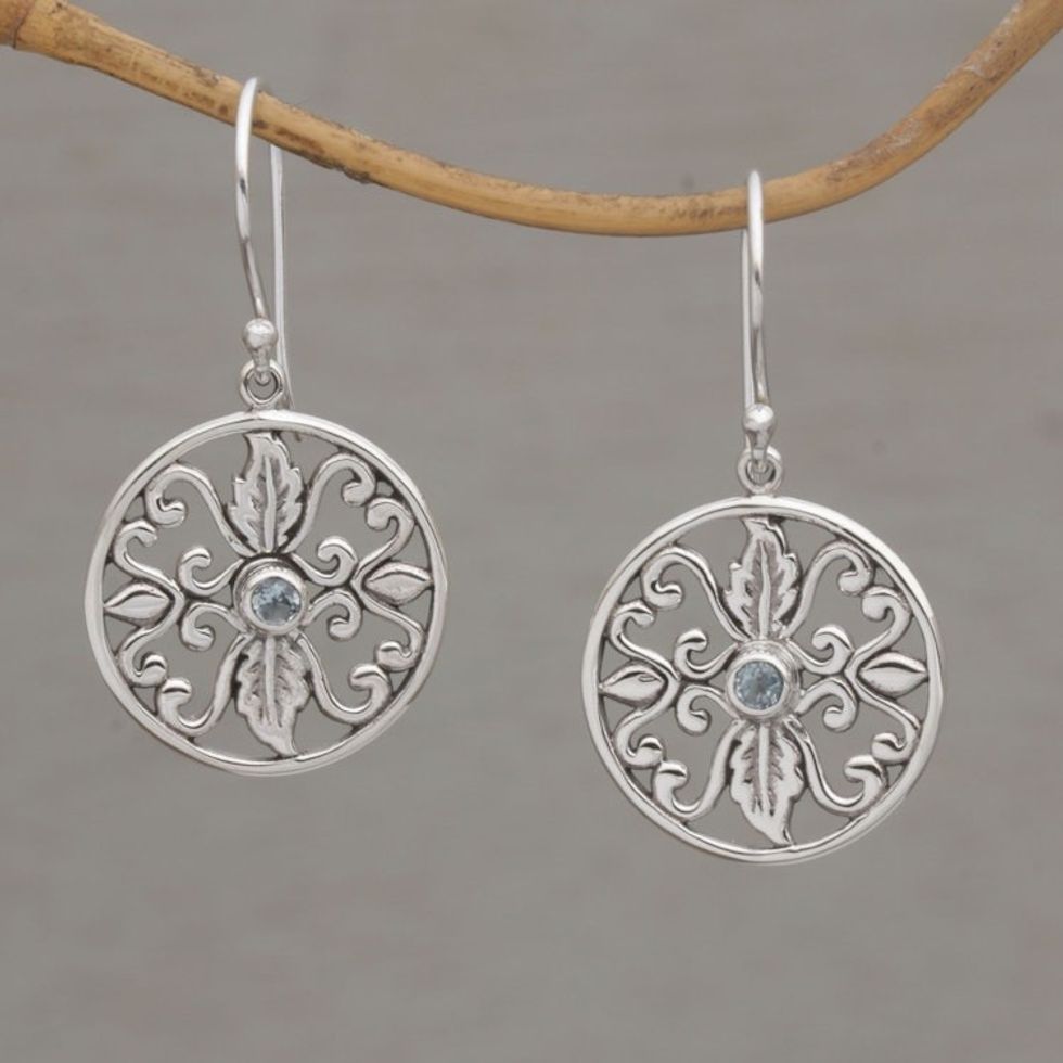 Artisan Crafted Blue Topaz and Sterling Silver Earrings 'Leaf Relief'