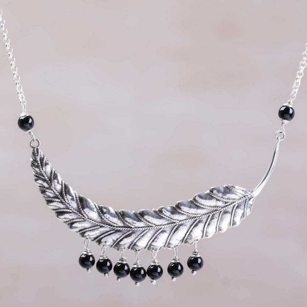 Sterling Silver and Onyx Leaf Pendant Necklace from Bali 'Dusky Dew'