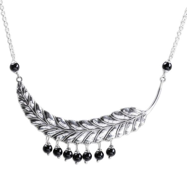 Alternate image for Sterling Silver and Onyx Leaf Pendant Necklace from Bali Dusky Dew