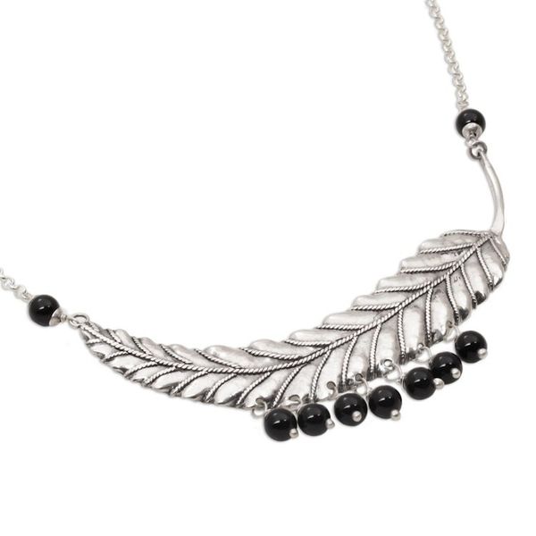 Alternate image for Sterling Silver and Onyx Leaf Pendant Necklace from Bali Dusky Dew