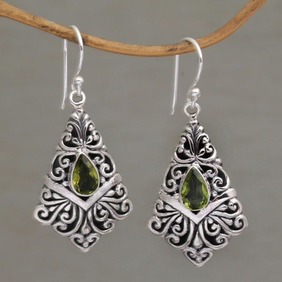 Peridot Dangle Earrings in Sterling Silver Settings 'Fanfare'
