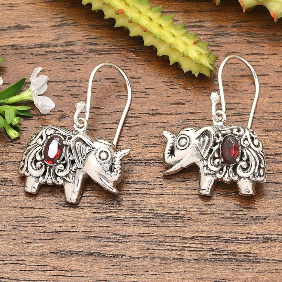 Garnet and Sterling Silver Elephant Dangle Earrings 'Elephant Delight'